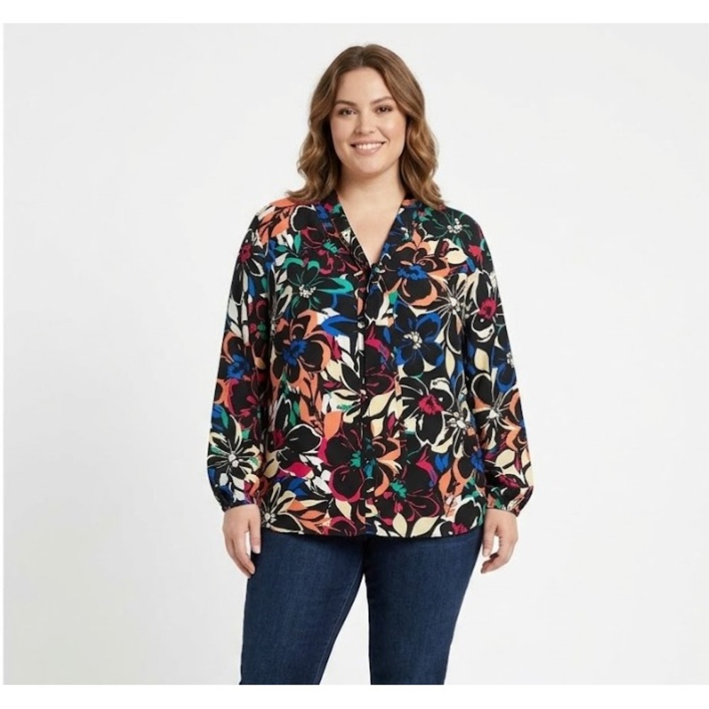 New Investments Multi Color Floral Long Sleeve Tie Front Blouse XL Preppy Office